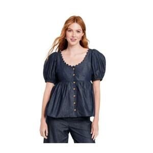 KIKA VARGAS Dark Chambray Puff Sleeve Blouse Size Small